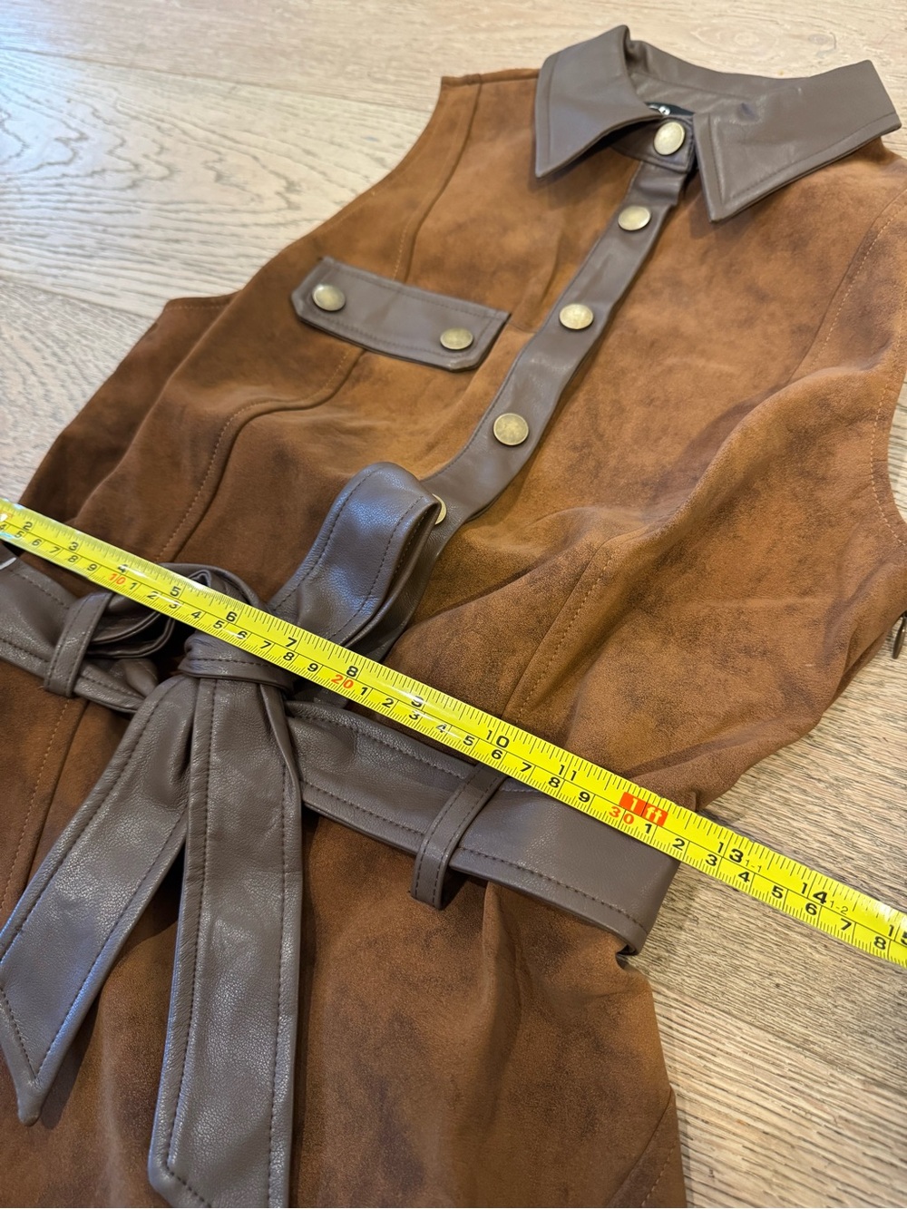 [NWOT] En Saison Size S Brown Faux Suede Leather Trim Belted A-Line Dress - Picture 7 of 13